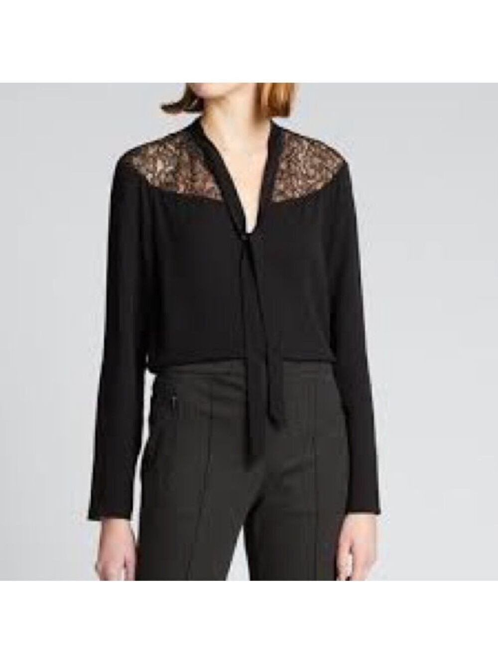 Women’s Theory Lace Yoke 100% Silk Shell Blouse Black Top Size Medium!